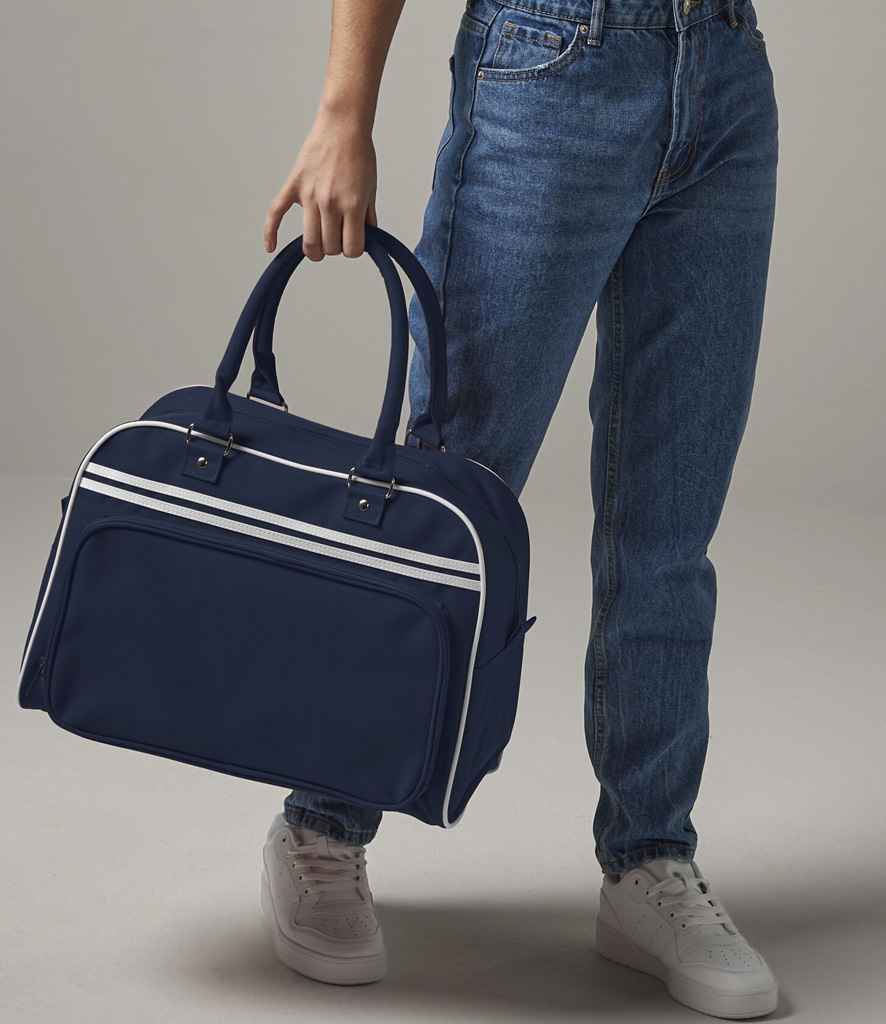 Bag Base Sac Bowling Rétro BG75 – 23 L – Polyester 600D – Poche Avant Zip – Mixte Homme Femme (Noir/Blanc)