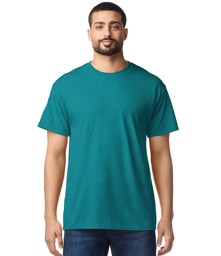 Man wearing teal heavyweight cotton Gildan t-shirt