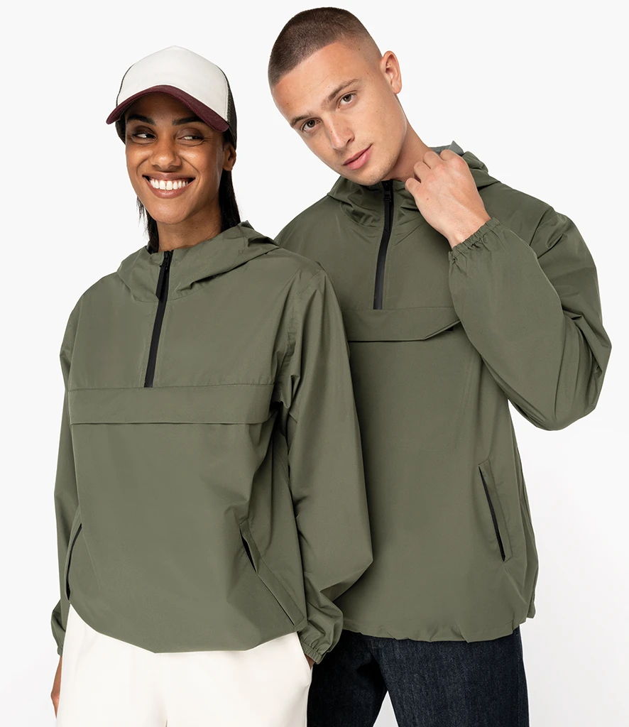 Man and Women wearing blank khaki 1/4 zip waterproof jacket from Native Spirit 