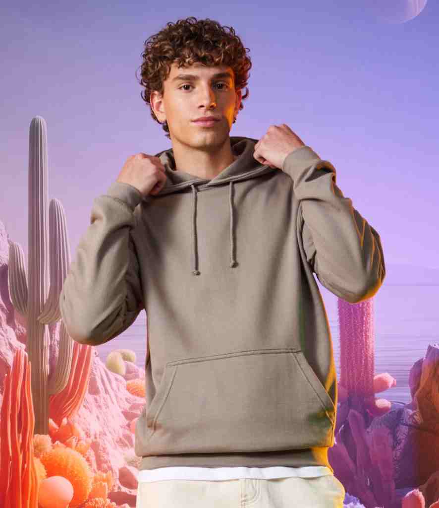 Man wearing clay AWDis Just Hoods blank hoodie