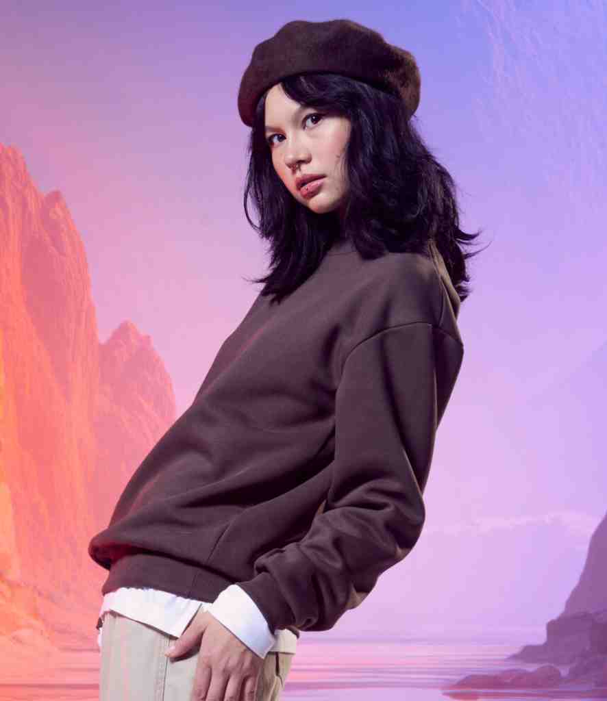 Women wearing espresso brown AWDis Just Hoods blank sweatshirt