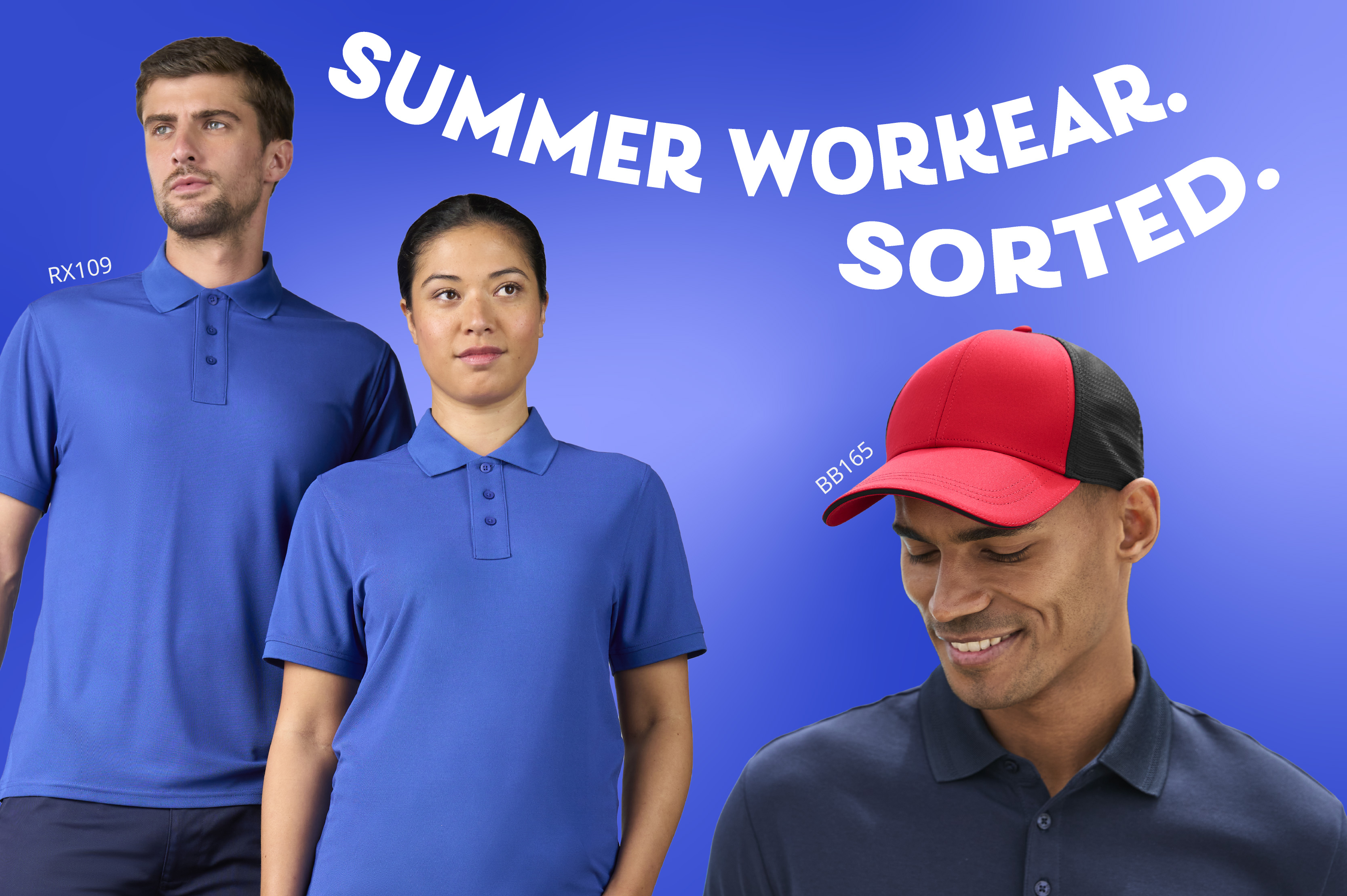 Summer workwear, Man and women wearing blue polos with man wearing red and navy cap