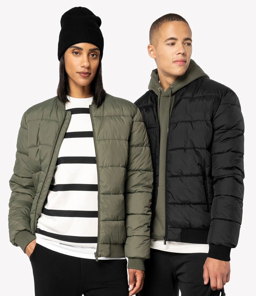 Man and women wearing straight fit recycled polyester padded Native Spirit teddy collar jacket