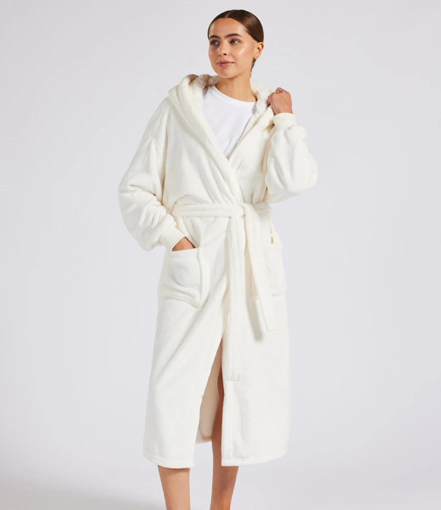 Women wearing long cosy Brand Lab unisex robe in cream