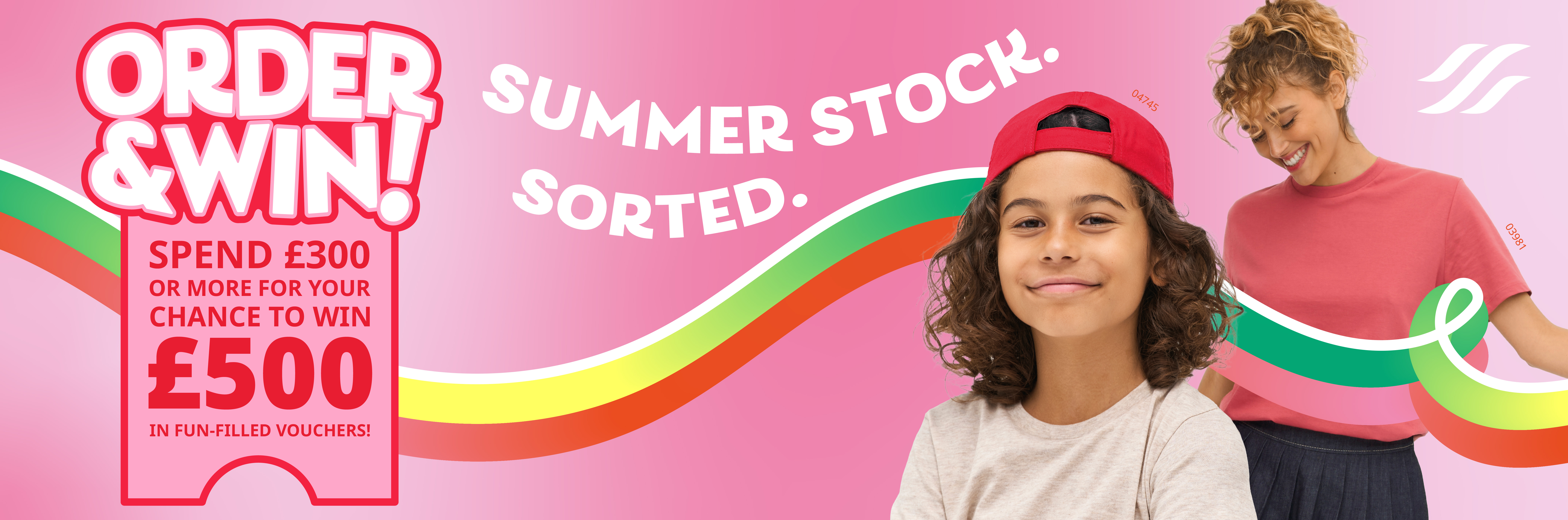Colourful Summer Stock banner, Exclusive Brand SOL'S, Boy wearing red cap, women wearing pink top
