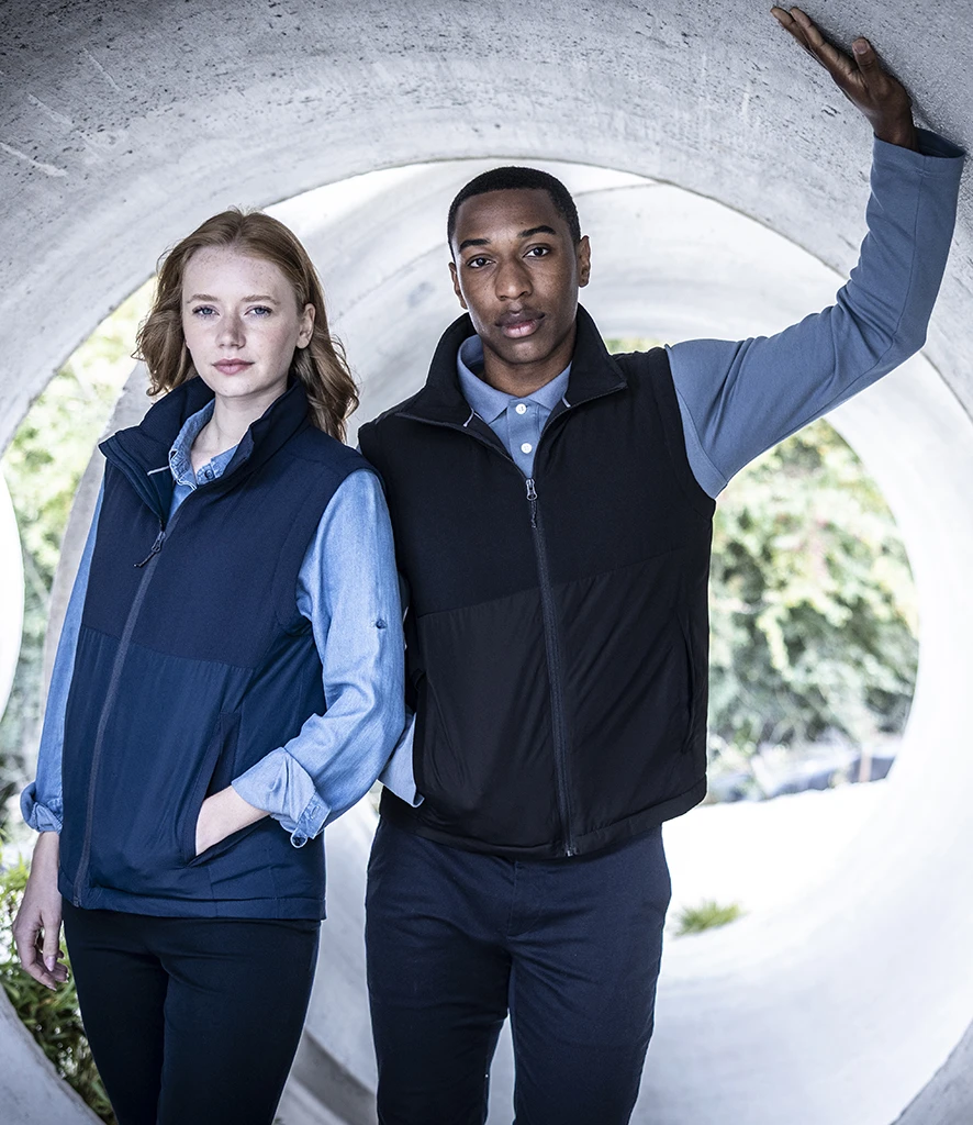 Man & women wearing Regatta Recycle.me soft shell jacket navy and black