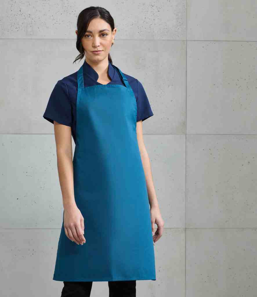 Women wearing Premier teal bib apron hopistality
