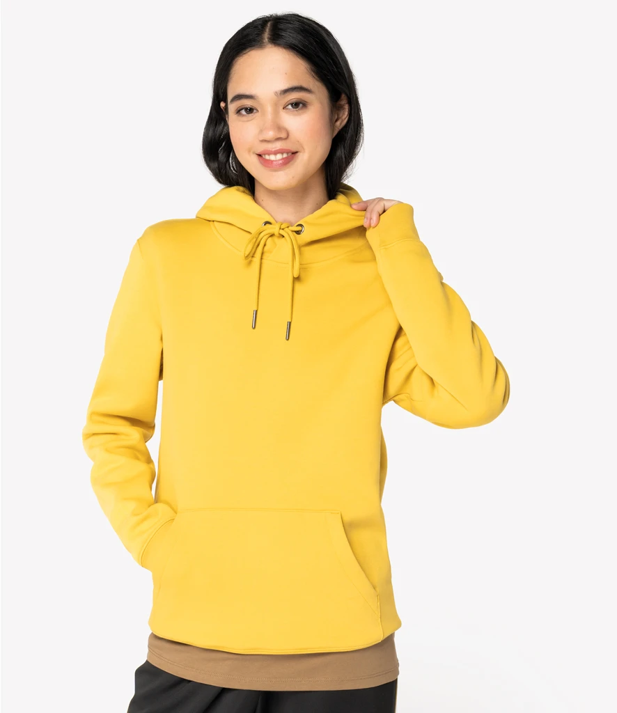Women wearing bright yellow unisex drop shoulder style heavyweight hoodie from Native Spirit