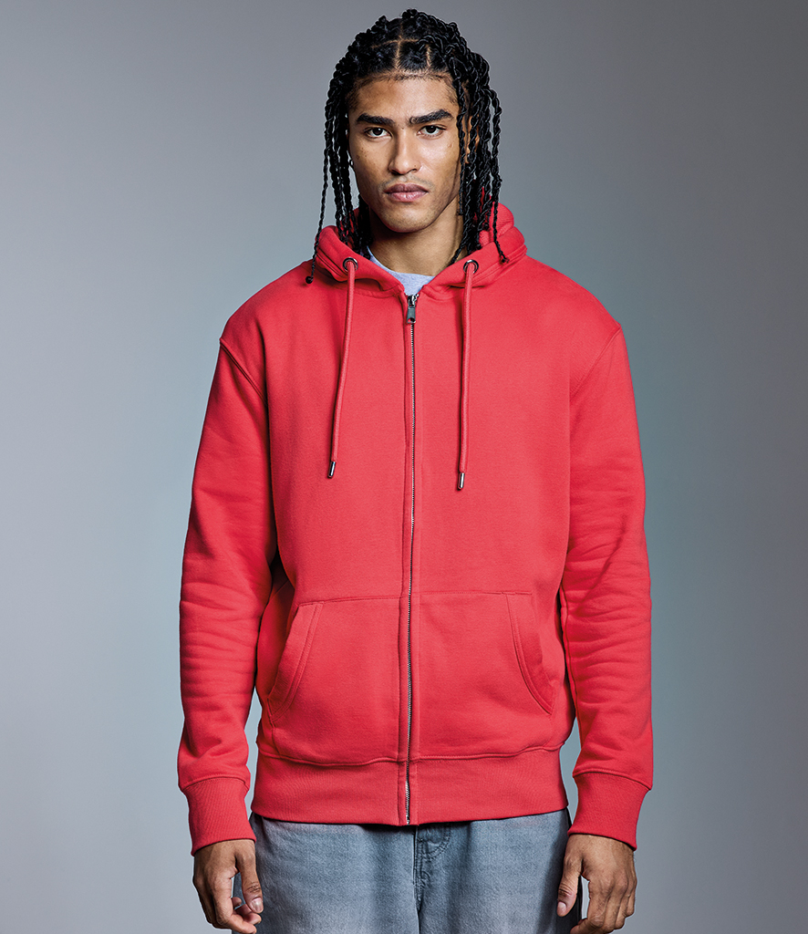 man wearing red Anthem full zip hooded sweatshirt