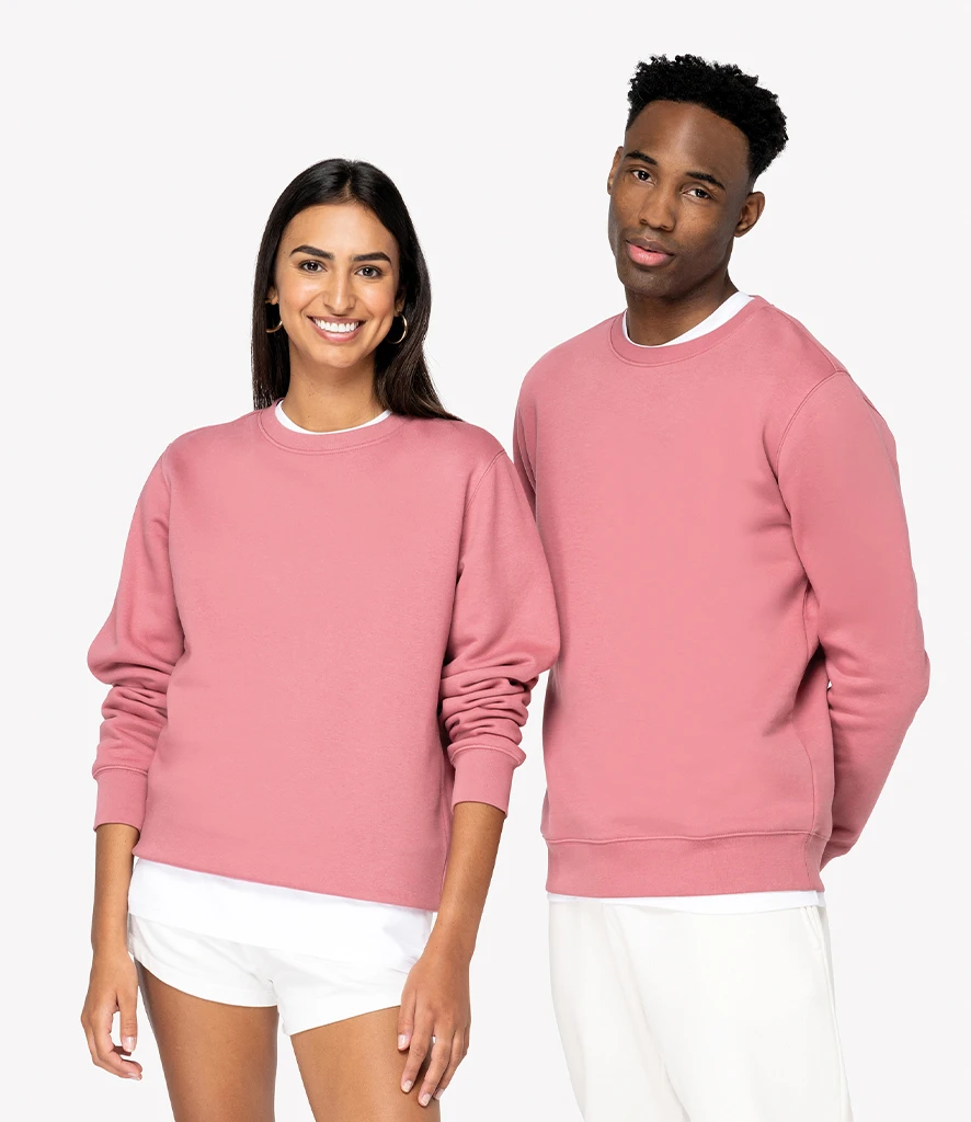 Man and women wearing pink Native Spirit brushed back fleece unisex crew neck sweatshirt