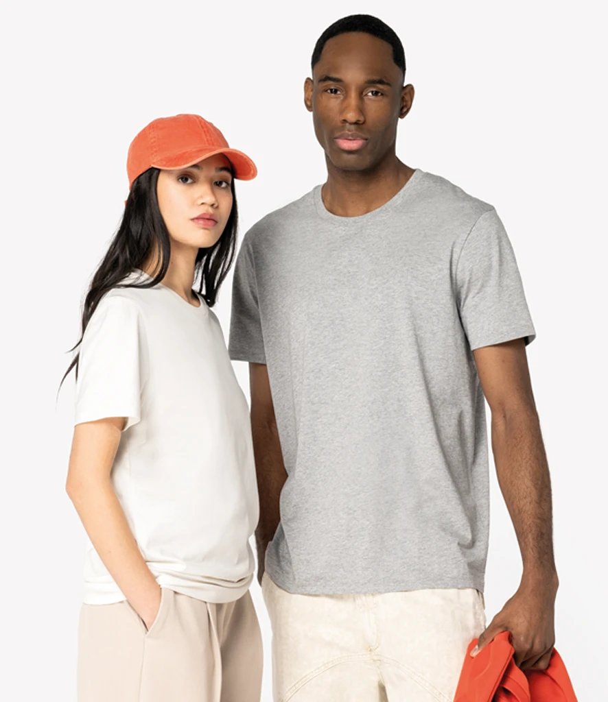Man and women wearing Native Spirit unisex heavyweight t-shirt in ivory and grey 