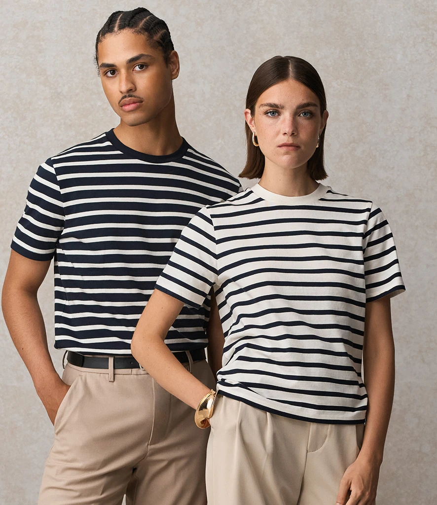 Man and women wearing unisex stripped t-shirt