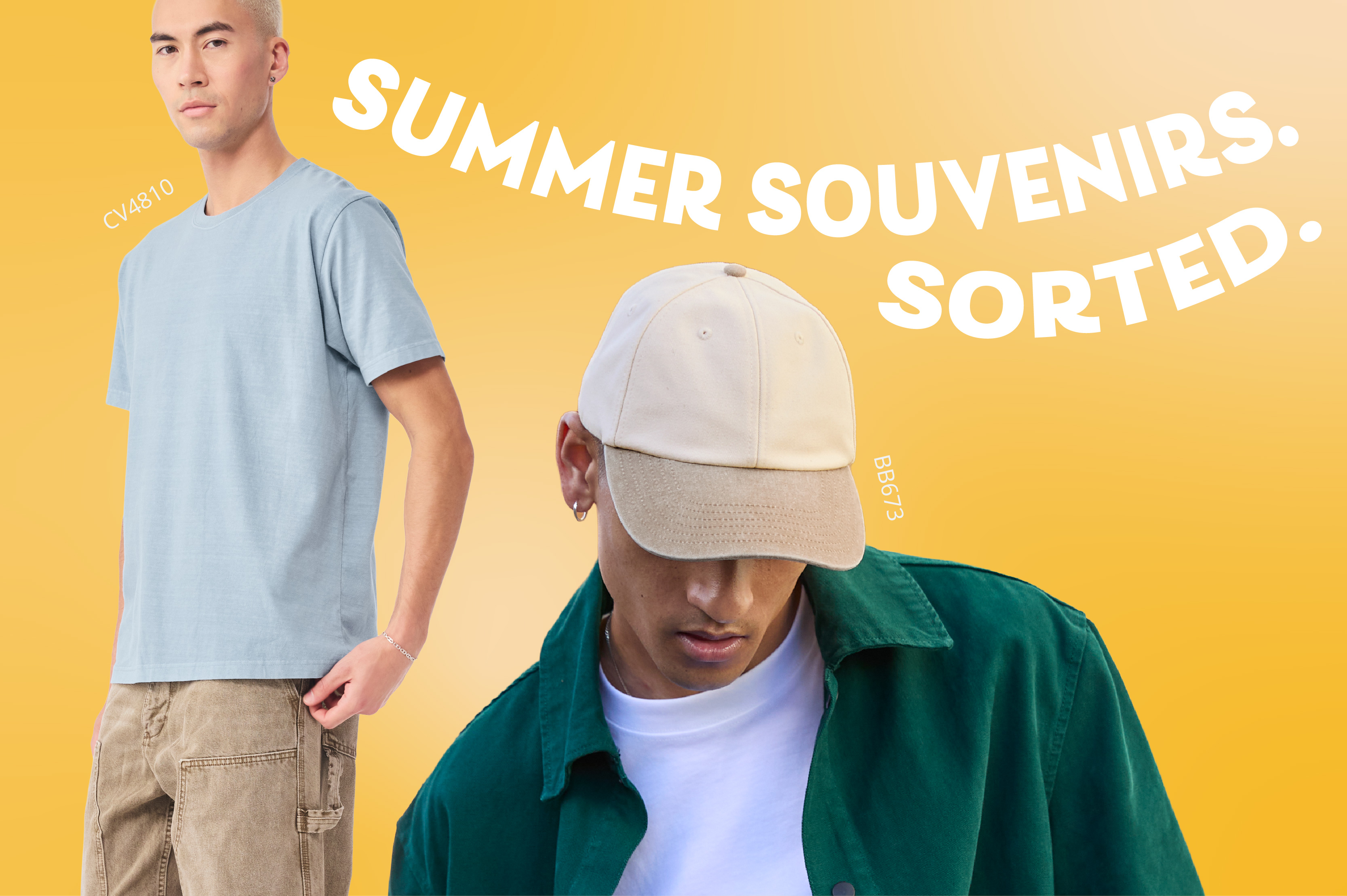 man in grey tshirt another man in green jacket and beige hat on a yellow background