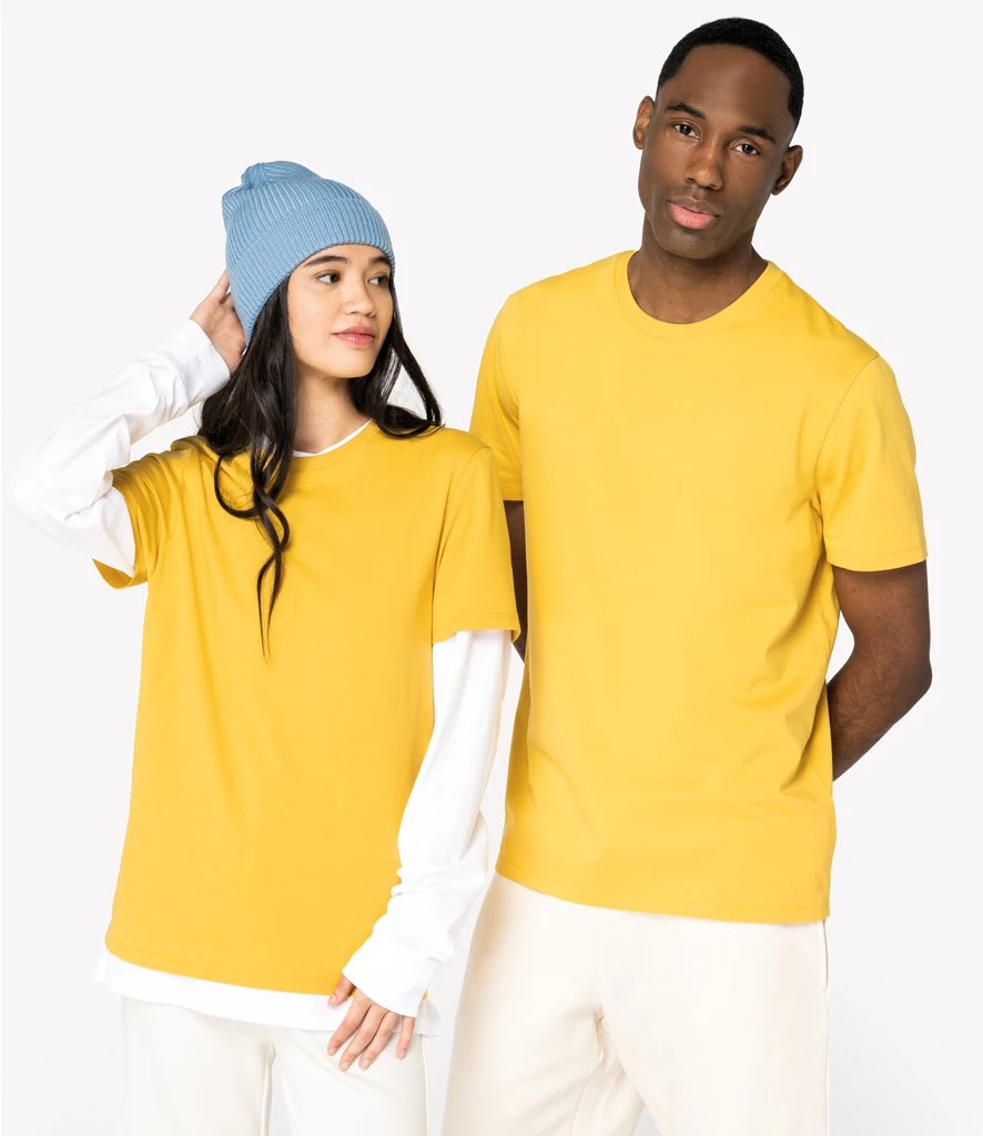 Man and women wearing straight fit Native Spirit unisex t-shirt in yellow