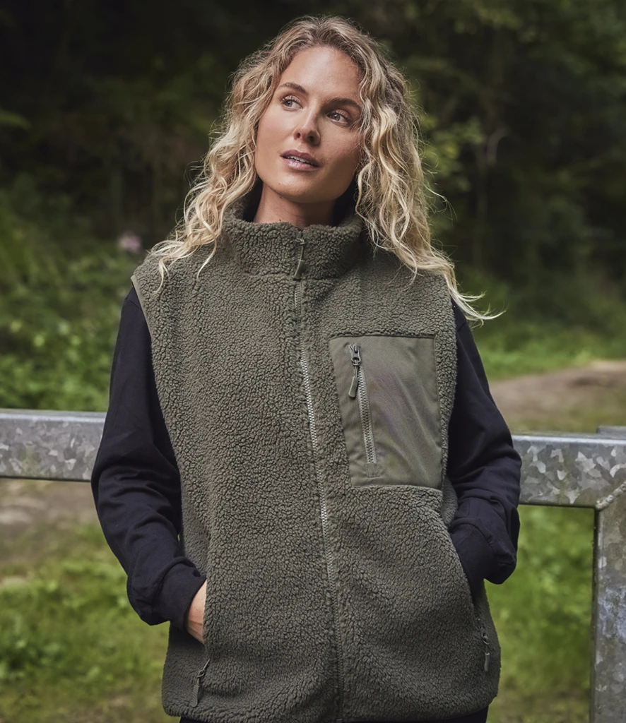 Women in olive green Ravine borg fleece gilet