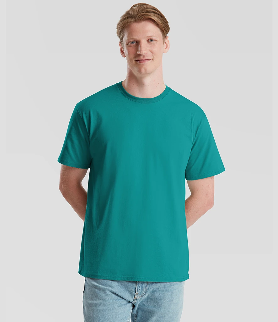 Man wearing Fruit of the Loom 100% organic ringspun combed cotton teal t-shirt