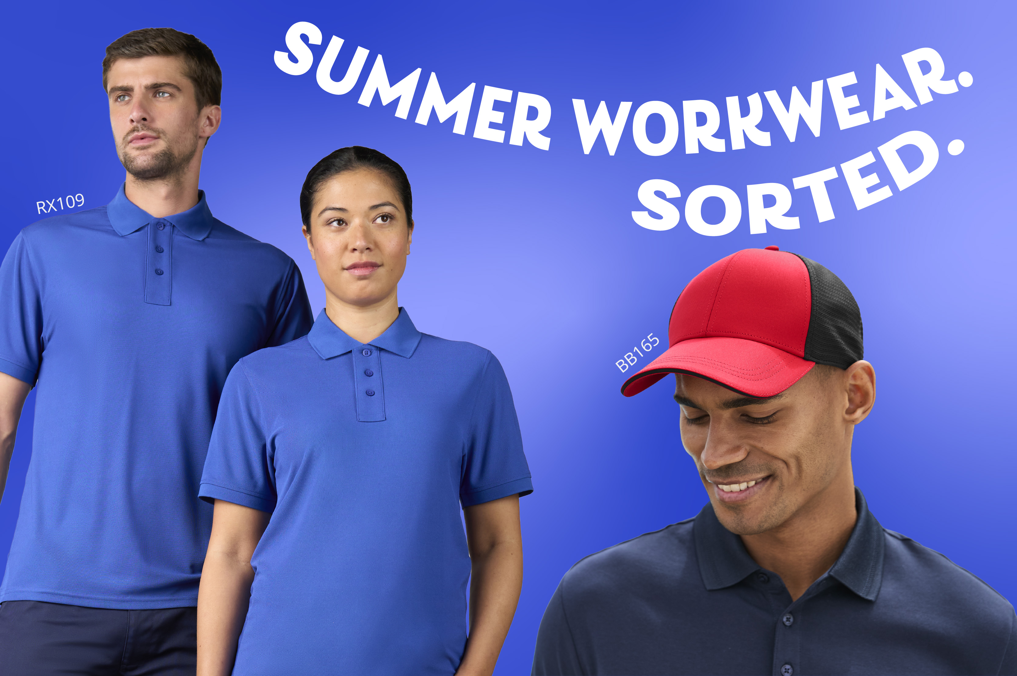 Summer workwear, Man and women wearing blue polos with man wearing red and navy cap