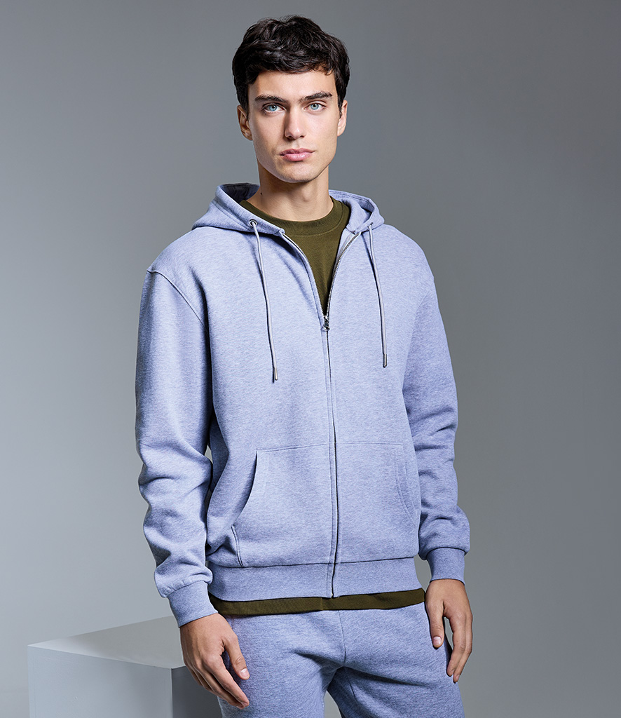 man wearing grey marl Anthem organic full zip hoodie