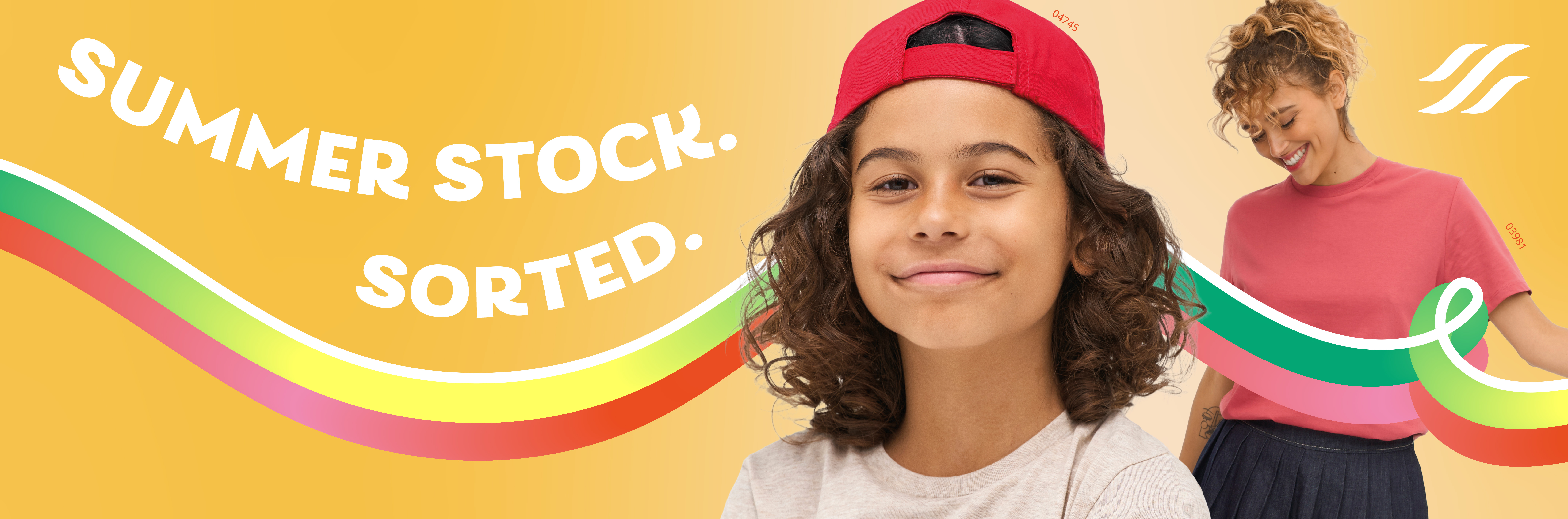 Colourful Summer Stock banner, Exclusive Brand SOL'S, Boy wearing red cap, women wearing pink top