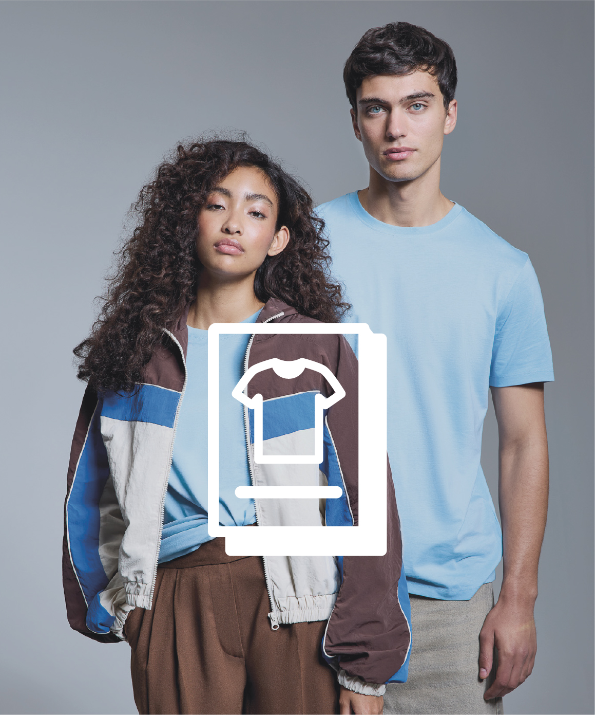 man in sky blue tshirt and woman in colour block zip up jacket