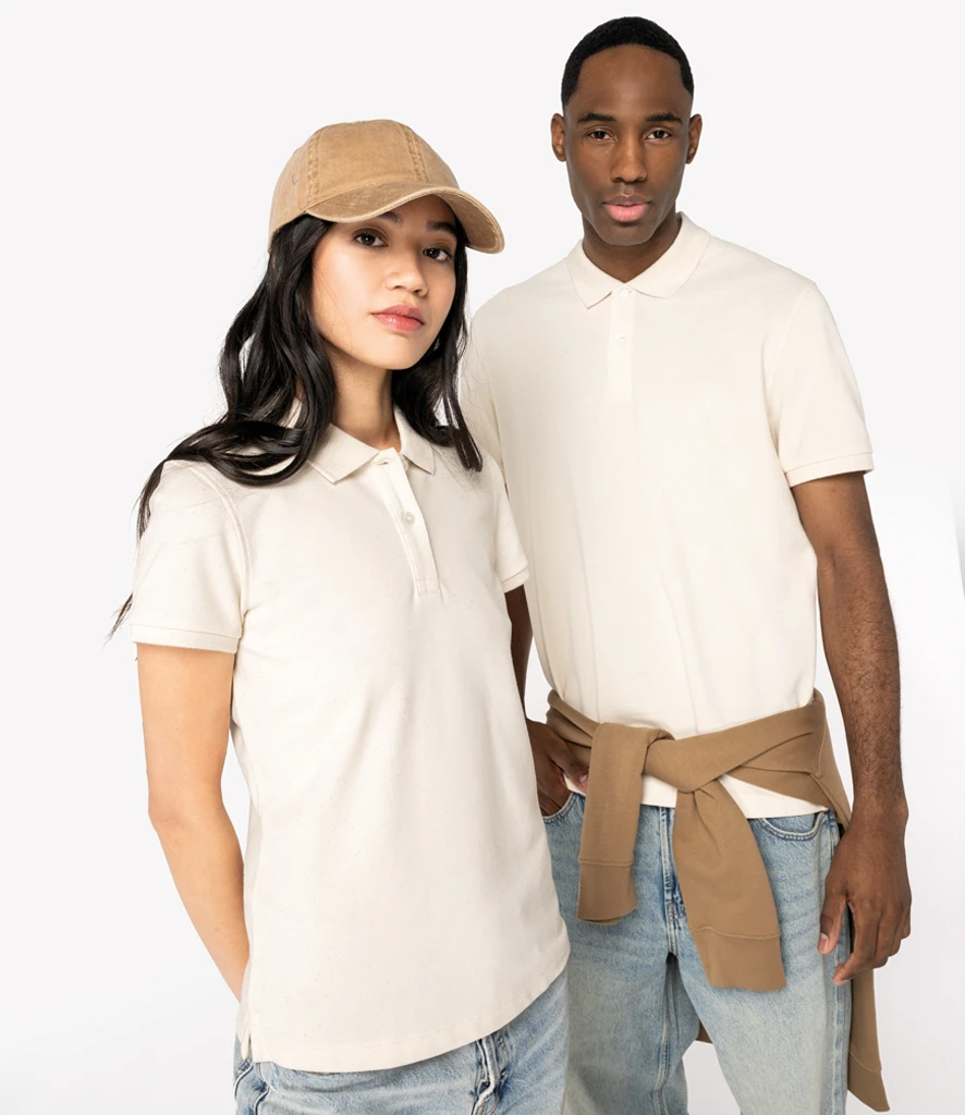 Man & women wearing Native Spirit natural raw piqué polo shirt