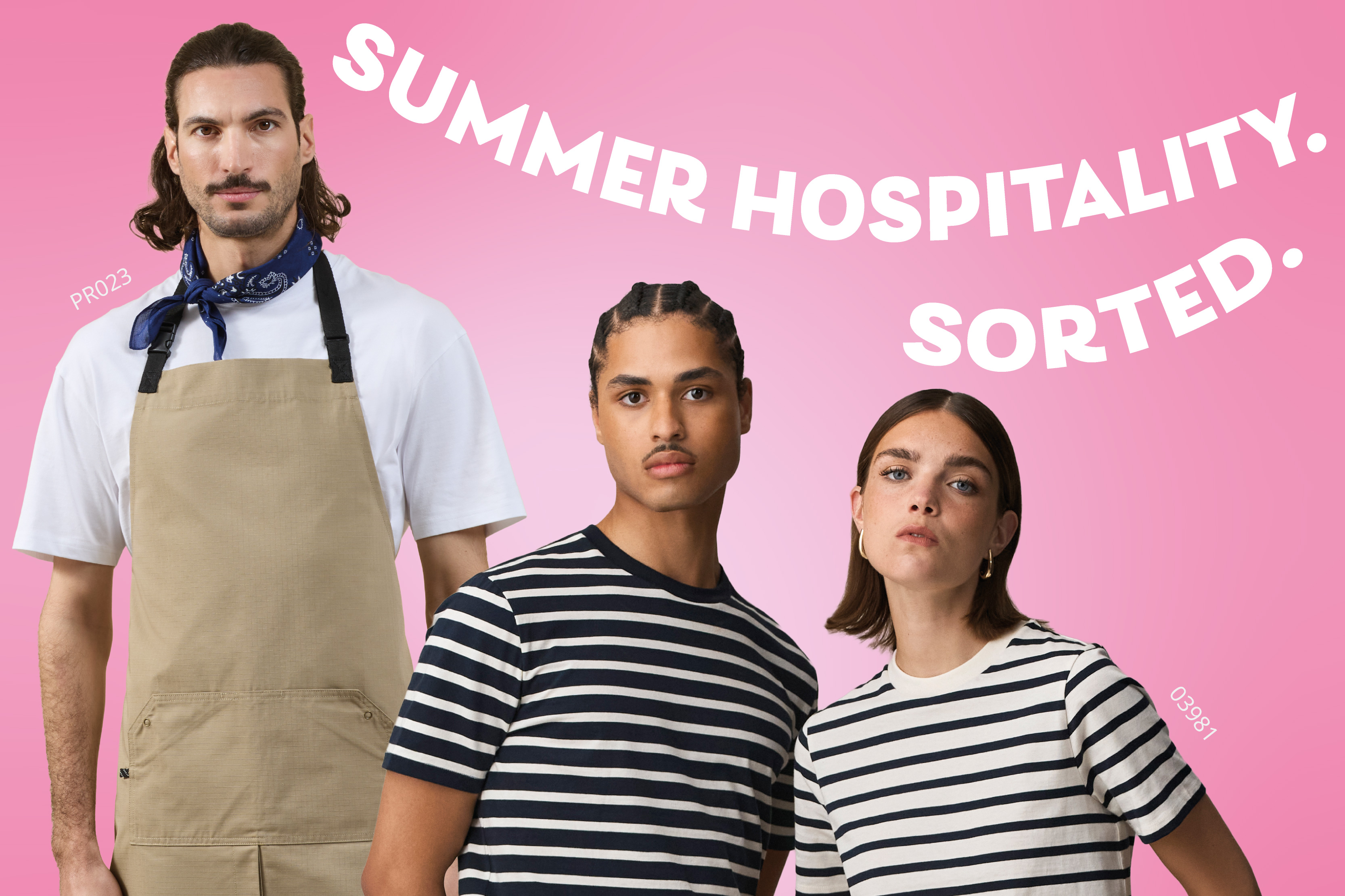 Man and women wearing stripped t-shirts with man wearing trending utility apron