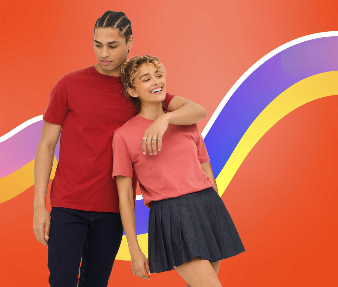 Women and man wearing t-shirts in red and pink